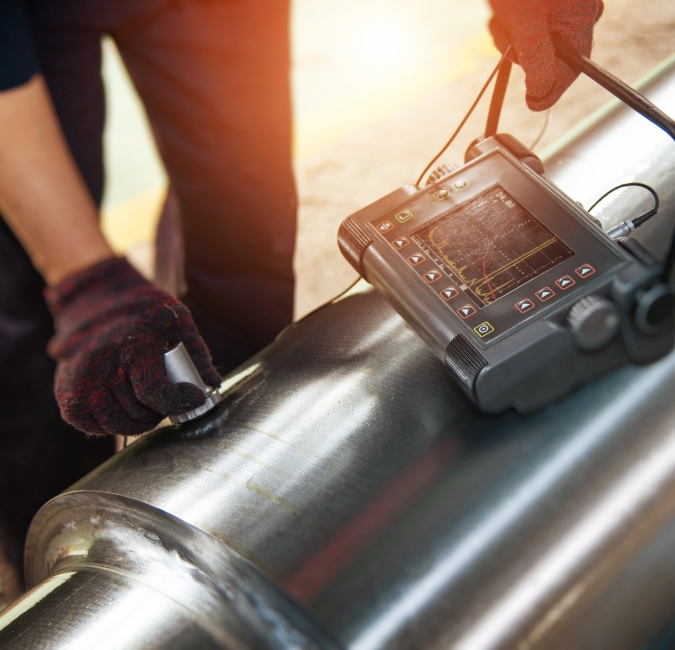 Handheld testing device used on a metal pipeline during nondestructive inspection work.