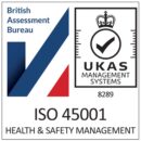 British Assessment Bureau and UKAS badge showing ISO 45001 health and safety management.