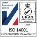 British Assessment Bureau and UKAS badge for ISO 14001 environmental management certification.