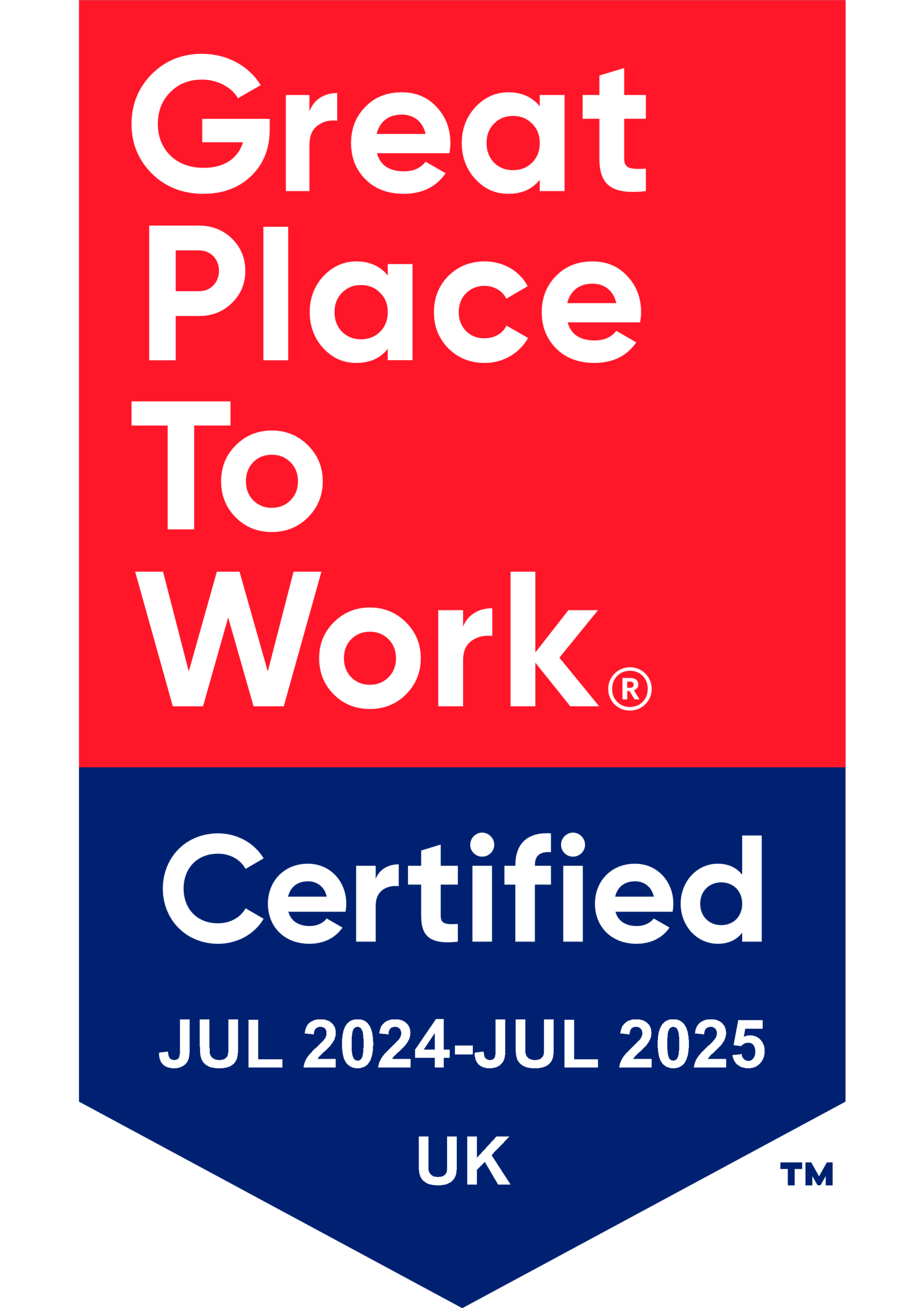 Red Great Place to Work Certified UK badge showing certification dates July 2024 to July 2025.