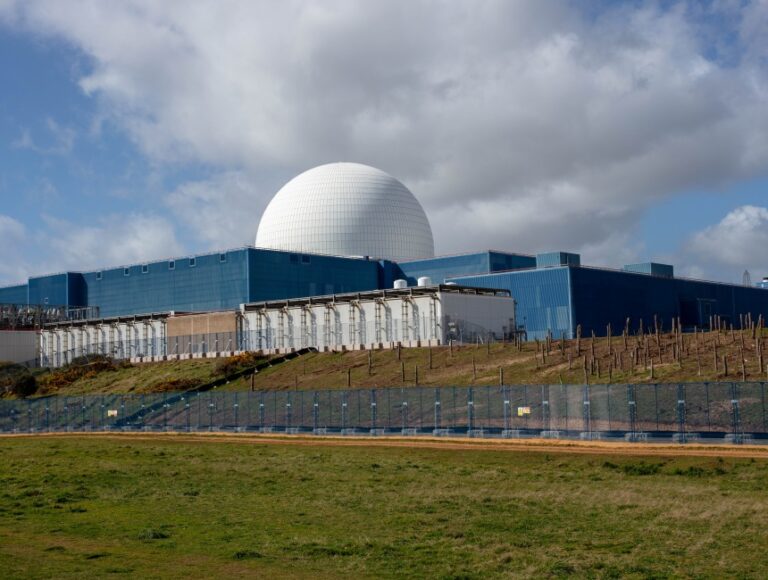Nuclear power station with domed reactor building and blue industrial structures behind security fencing.