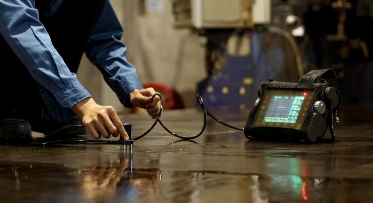 Technician using handheld testing probes and a digital device to inspect a metal surface indoors.