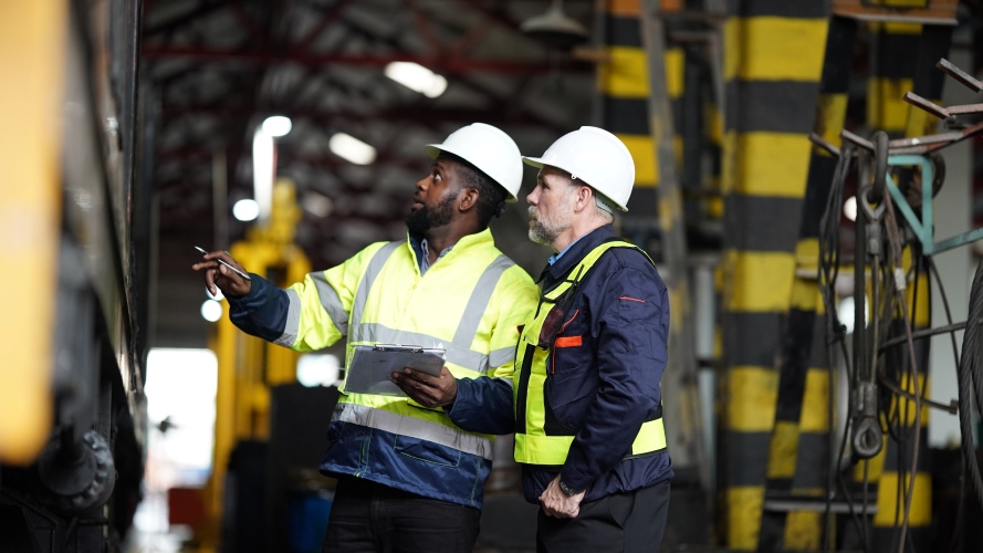 Two workers in high‑visibility clothing and helmets inspecting heavy machinery inside an industrial workshop.