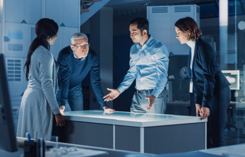Four people stand around a lit table reviewing plans and discussing work in a technical setting.